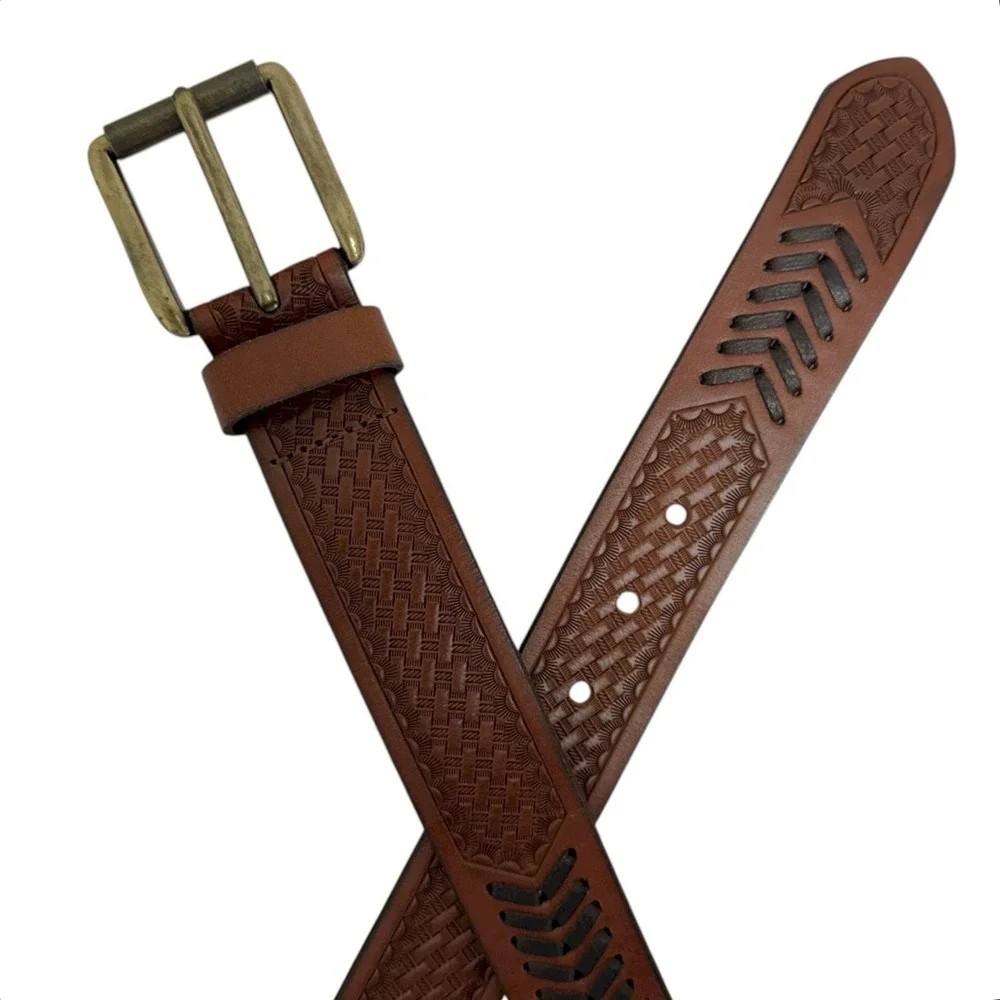 Lucky Brand Men's Size 34 Brown Genuine Leather Lacing Detail Laser Cut Belt NWT